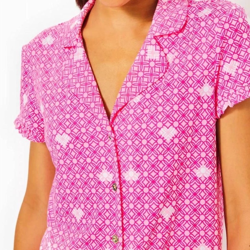Women’s Lily Pulitzer Valaine Pink Ruffle Sleeve Button Down Pajama Top
